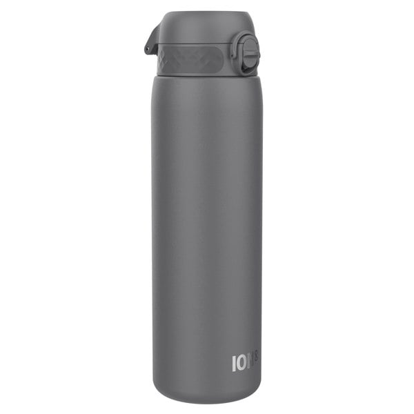 A dark gray water bottle stands upright against a white background. The bottle has a dark gray lid with a textured band and a flip-top mechanism. The brand name "ION8" is subtly printed near the base.