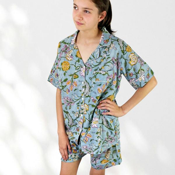 Hayley & Co Pale Blue Block Print Floral 100% Cotton Short Pyjama Set
