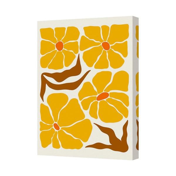 Benjamin Tate Design Yellow Floral Canvas Print With Brown Stems In Deep Wooden Frame UK Made