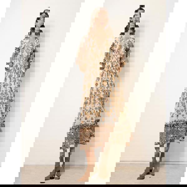 Blue Vanilla V Neck Border Print Maxi Dress