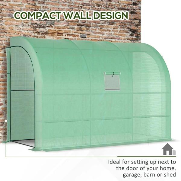 Green greenhouse with arched zip door and center window screen