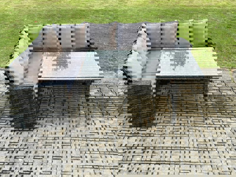 Fimous 6 Seater Garden Rattan Furniture Corner Dining Set Rectangular Dining Table Indoor Outdoor Lounge Sofa Set Dark Grey Mixed