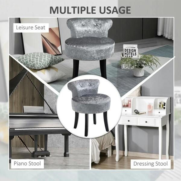 Grey velvet dressing-table stool with tufted seat, curved back, studded trim, black legs