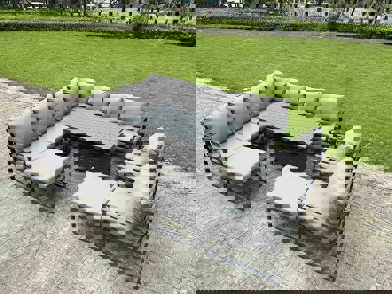 Fimous 11 Seater Aluminium Outdoor Garden Furniture Set with Rising Dining Table, 2 Footstools, 2 Chairs - Grey