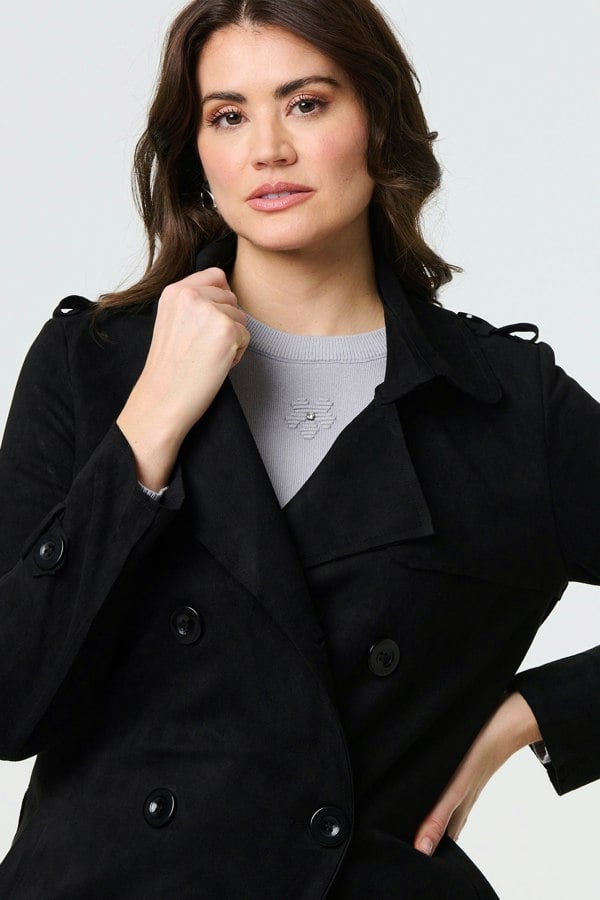 Black | Suede Tie Waist Button Front Trench Coat
