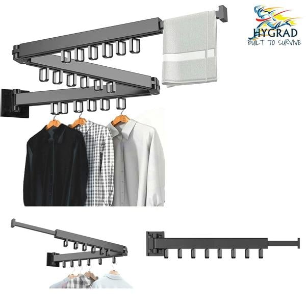 HYGRAD BUILT TO SURVIVE Clothes Drying Rack Wall Mounted Clothes Drying Airer Rack, Retractable Fold Away Laundry Drying Rack Outdoor & Indoor