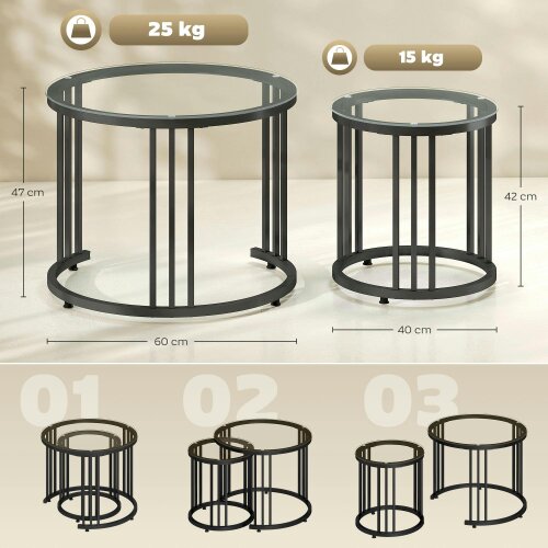 Wyld Haus Kane Set of 2 Metal And Glass Black Round Nesting Tables With Steel Frame