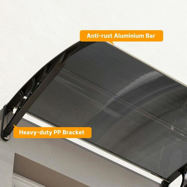 Black canopy awning showing anti-rust aluminium bar and heavy-duty PP bracket detail