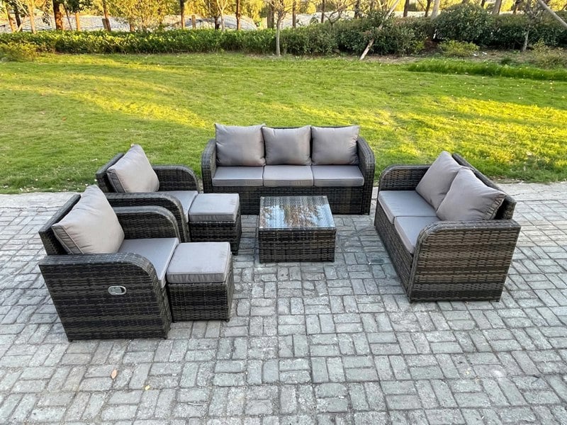 Fimous 9 Seater Garden Furniture Set Rattan Outdoor Lounge Sofa Chair With Tempered Glass Table 2 Small Footstools Dark Grey Mixed