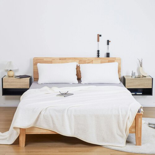 Wyld Haus Sebato Set of 2 Oak Effect Wooden Floating Bedside Tables With Drawer And Shelf Wall Mounted 46 x 30 x 30 cm