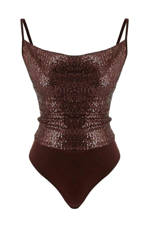 WOVCOR Sequin Knit Bodysuit with Cowl Neck Straps