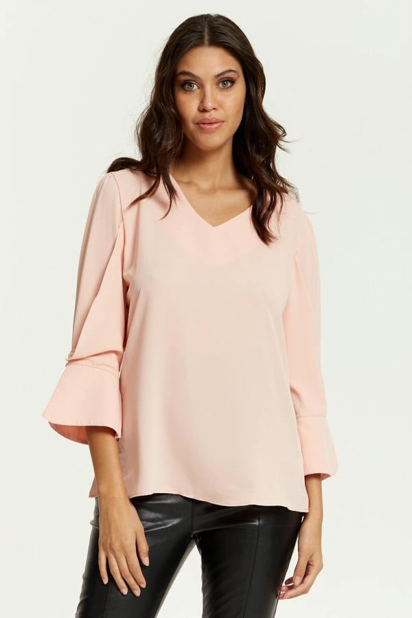 Hoxton Gal Long Sleeves Detailed Cuff Blouse with V Neck in Pink
