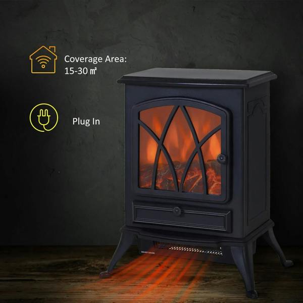 Black freestanding electric fireplace heater with flame window and bottom heat vent