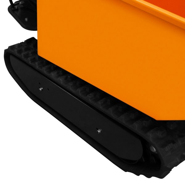 Tracked Mini Dumper Petrol Tipper features a bright orange tipping body with a sturdy black rubber track for enhanced mobility and stability