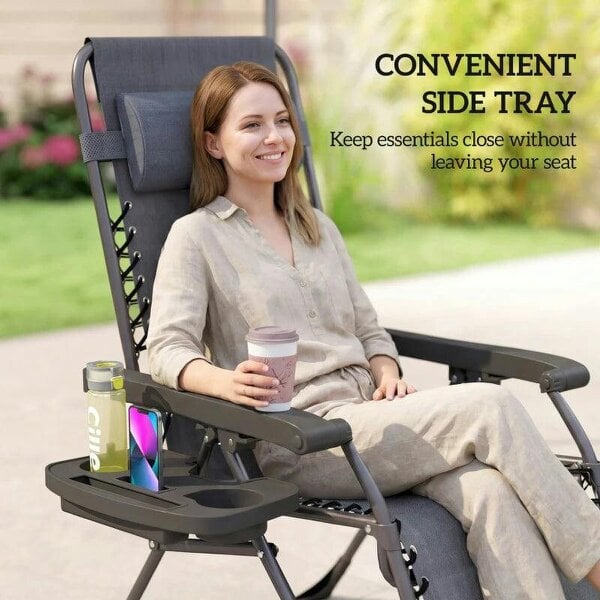 Bobobiy Zero Gravity Chairs Set of 2, Folding Sunloungers Reclining Garden Chairs with Cup Holder, Headrest, Dark Grey