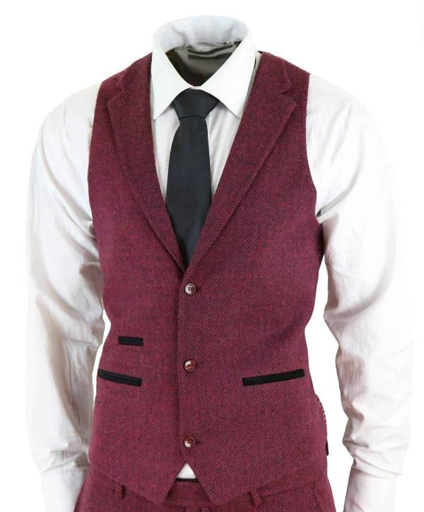 TruClothing Mens 3 Piece Wine Herringbone Wool Tweed Retro Suit