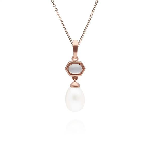 270P030802925 Modern Pearl & Moonstone Hexagon Drop Pendant in Rose Gold Plated Silver 1