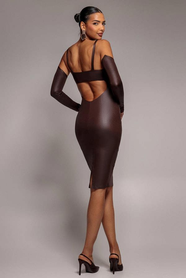 Faux Leather Cut Out Sheath Midi Dress - Brown DR3724