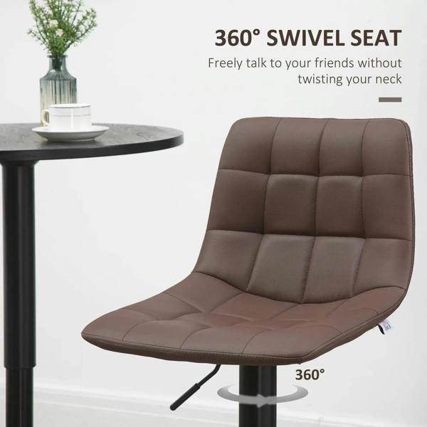 Brown tufted barstool with curved back and 360 swivel seat on black pedestal base