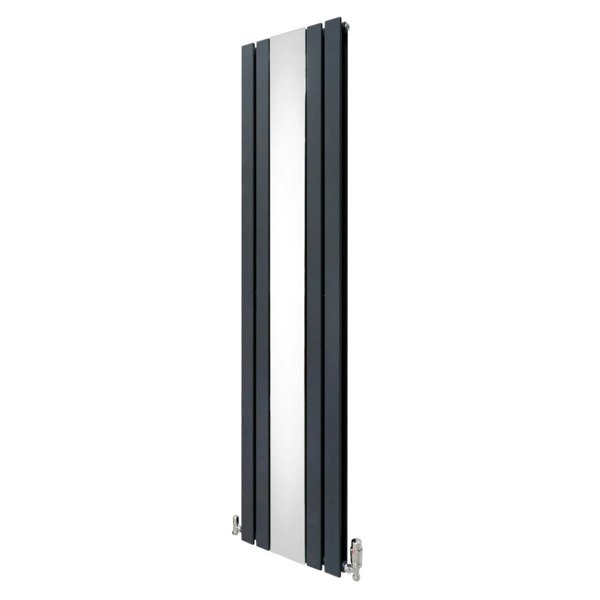 Flat mirror radiator in anthracite grey, 1800mm x 425mm, featuring sleek vertical design and polished finish for modern interiors