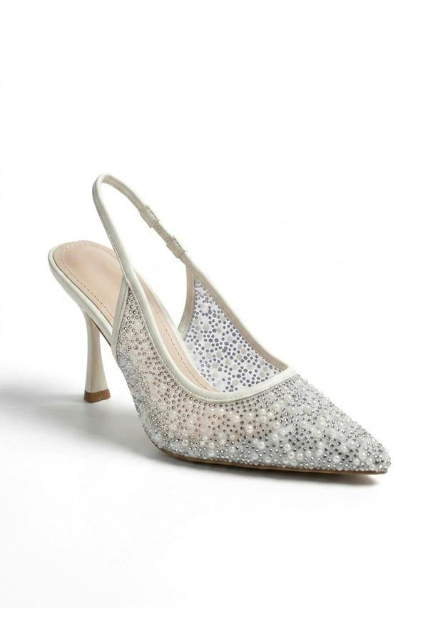 Saoirse Embellished Mesh Pointed Toe Heels - White