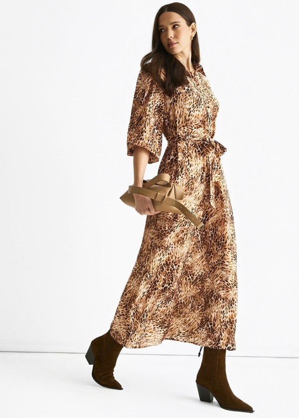 Gini London Brown Animal Printed Shirt Midi Dress