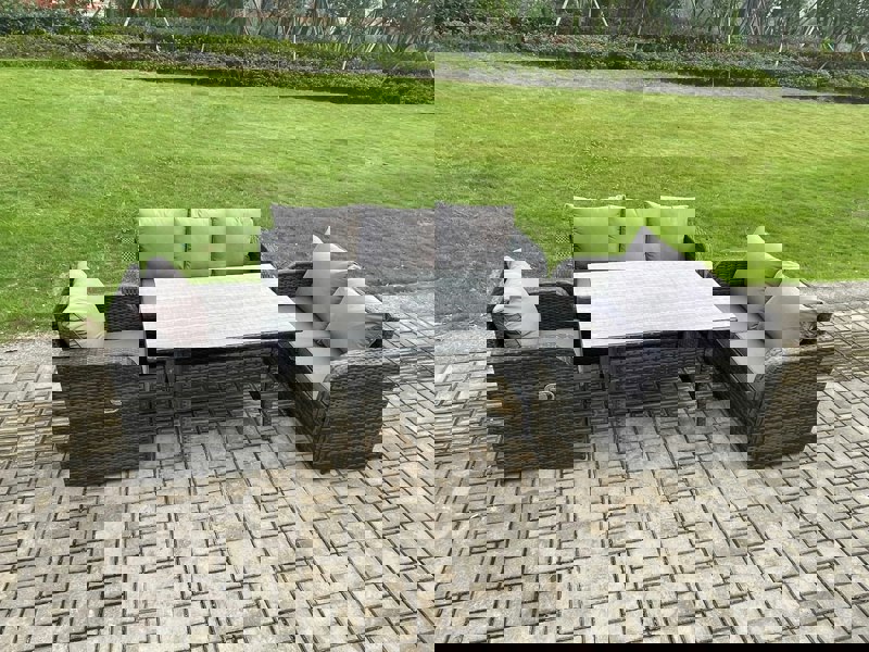 Fimous 6 Seater Garden Rattan Furniture Dining Table Sofa Set Indoor Outdoor with Reclining Chairs Dark Grey Mixed