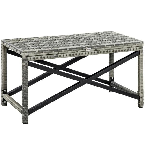 Grey woven PE rattan outdoor coffee table with black X-frame and square legs