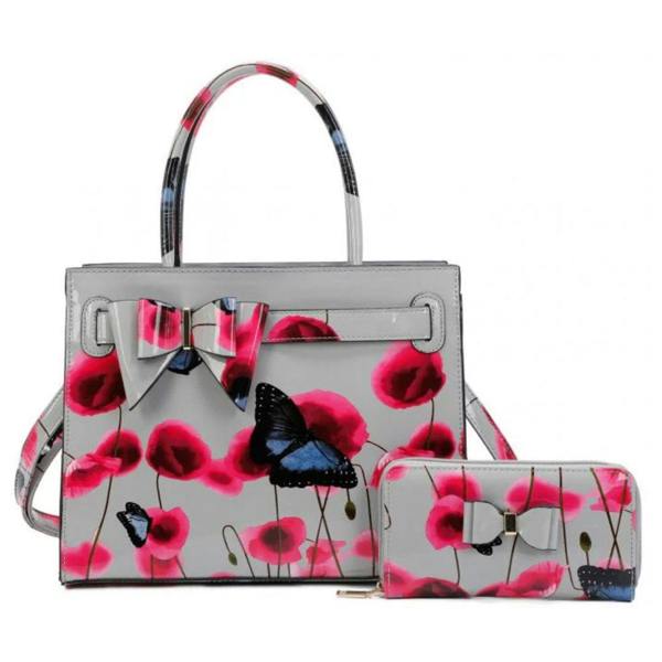 Stylex Accessories Patent Poppy and Butterflies Handbag & Purse Set