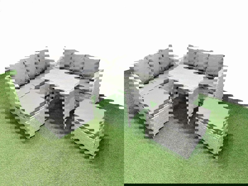 Fimous Patio Dining Table & Chairs Set Rattan High Back Lounge Sofa Set with 3 Seater Sofa 2 Big Stool Light Grey