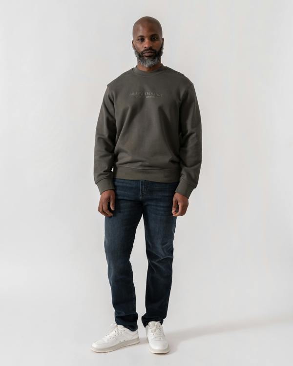 Model wearing Armani Exchange Mens Crew Neck Sweatshirt with Tonal Milano/New York Logo in Chimera M8317 - Full Length