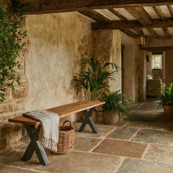 Wyld Haus Vouvant Live Edge Acacia Wood Bench Black Metal X Frame