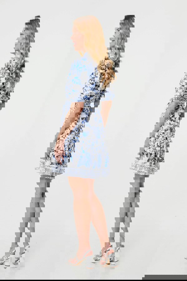 Blue | Printed Tie Waist 1/2 Sleeve Short Dress
