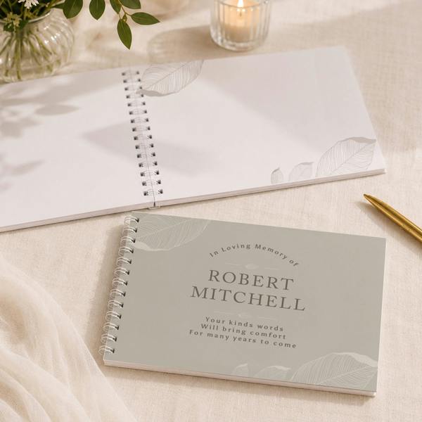 Personalised Memorial Guest Book for Robert Mitchell shown open displaying blank pages with grey leaf corners alongside closed cover by Abode Home & Gifts