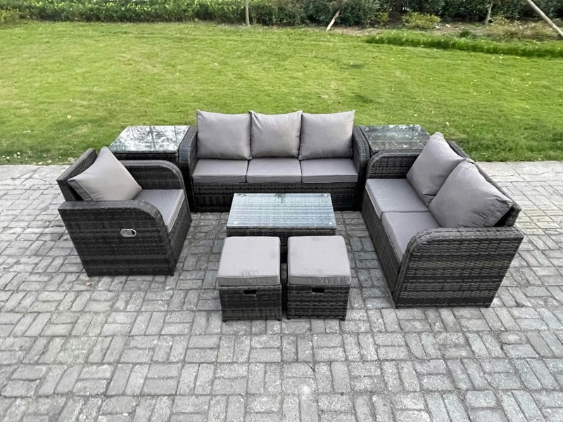 Fimous 8-Piece Rattan Garden Furniture Set - Dark Grey Mixed Wicker Sofa Set with Rectangular Coffee Table & 2 Small Footstools