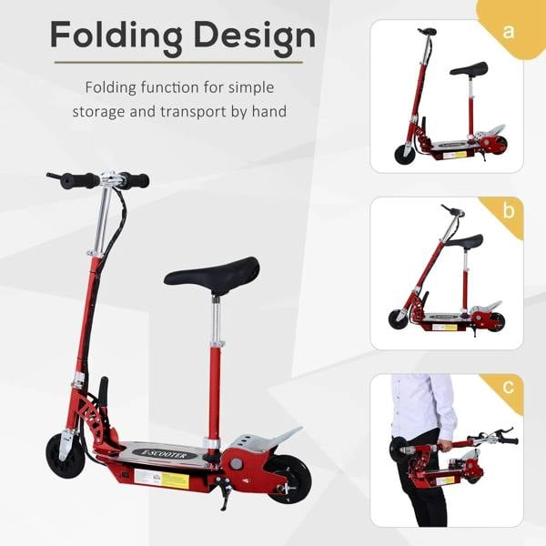 Red foldable electric scooter with black seat and deck, shown in storage views