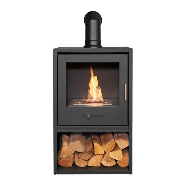 OKO S3 Bio Ethanol Stove with Log Storage in Charcoal Grey & Angled Stove Pipe