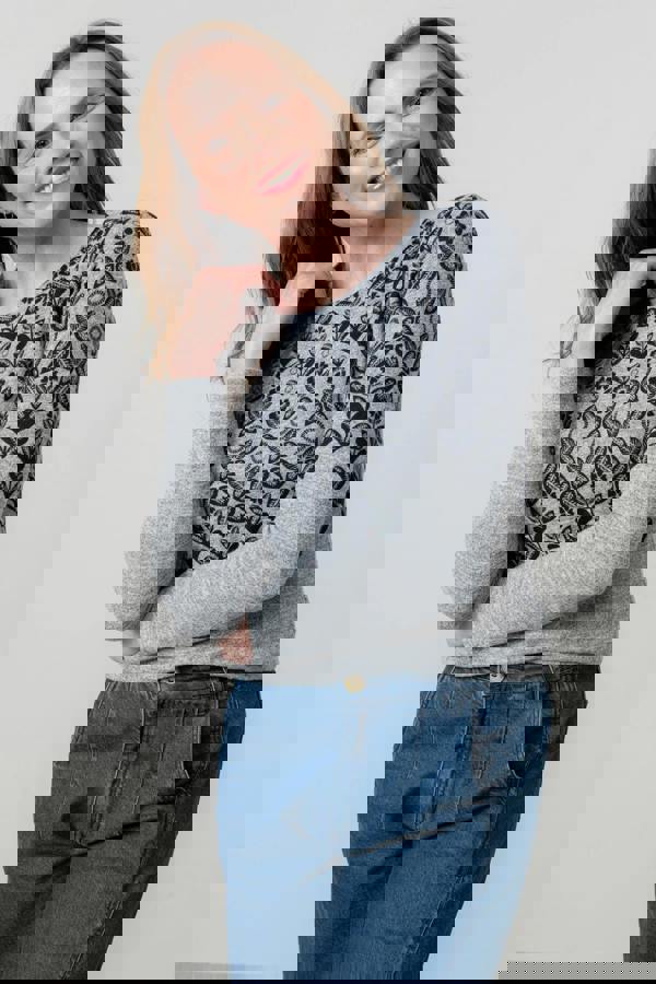 Lily & Me Angela Fair Isle Print Knit Top Grey