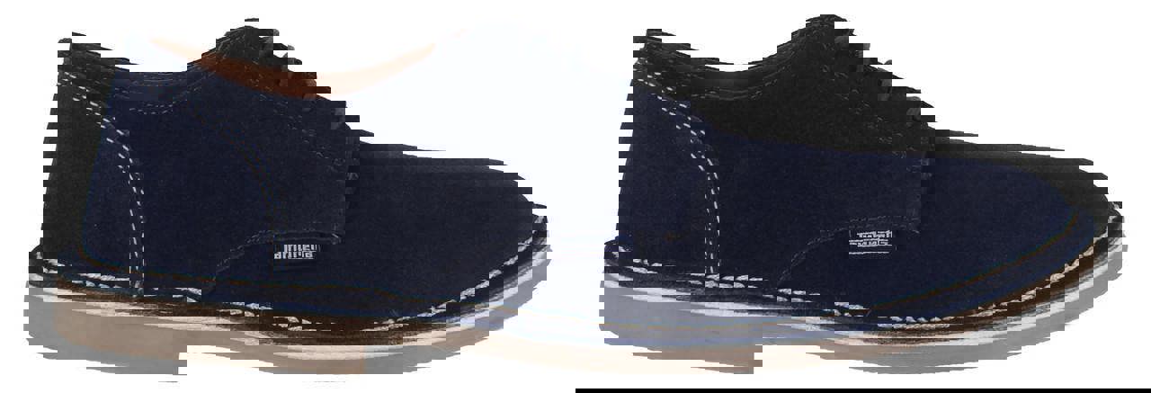 Lambretta Clerkenwell Mens Casual Derby Suede Lace Up Shoes, navy blue suede shoes with lace-up design and white stitching detailing.
