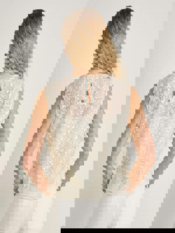 GWD Imara Floral Embroidery, Sheer Mesh Sparkle Top