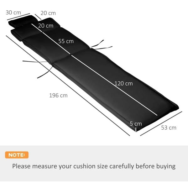 Black lounger cushion replacement with dimensions shown, includes headrest pillow