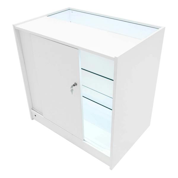 Polaris LED Shop Counter Set in white, featuring a sleek design, glass shelves, a lockable door, and integrated lighting for display
