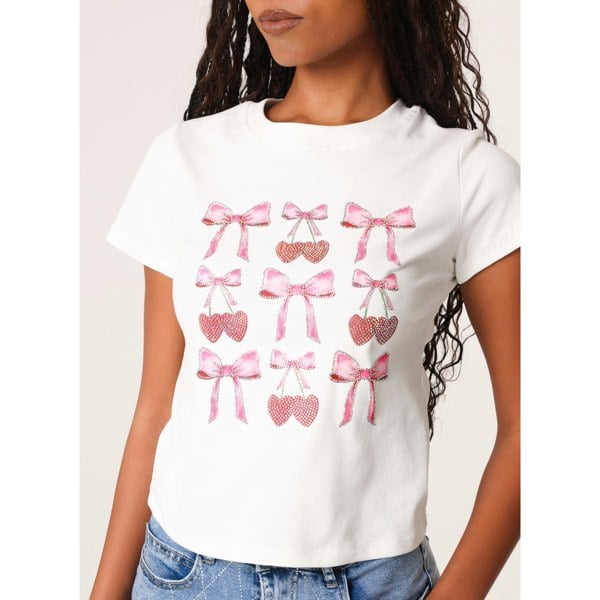 Pink Vanilla Diamante Bow T-shirt - Ivory