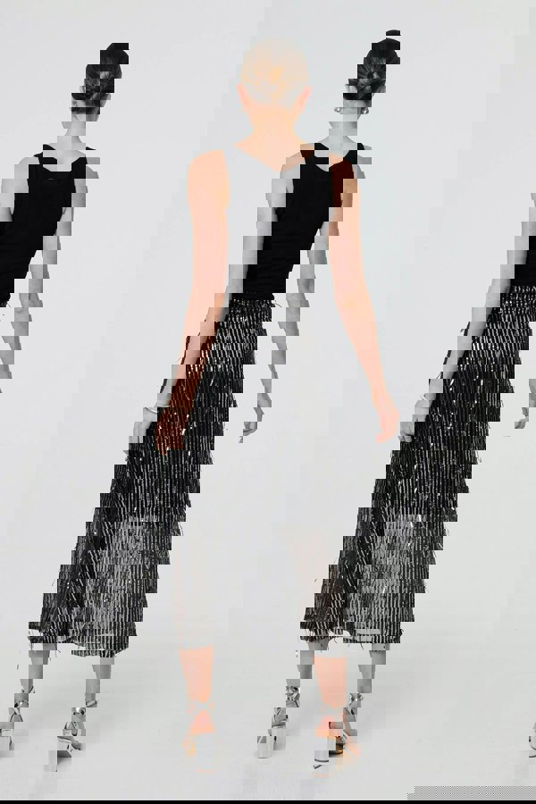 Black | Sparkly Striped Mesh Layer Midi Skirt
