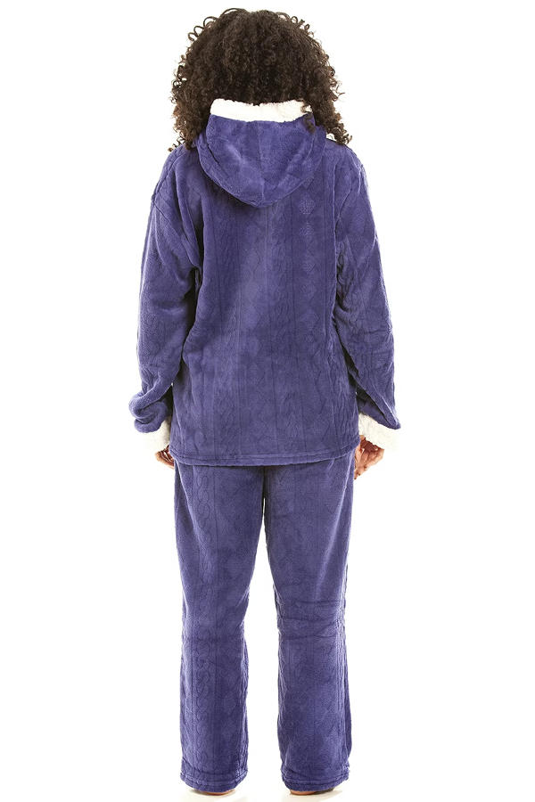 Camille  Womens Navy Supersoft Fleece Hooded Pyjama Set