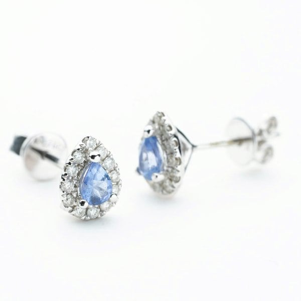 T. H. Baker 9ct White Gold Pear Cut Tanzanite & 0.30ct Diamond Cluster Stud Earrings NTE409PEAR-TZD-9WG