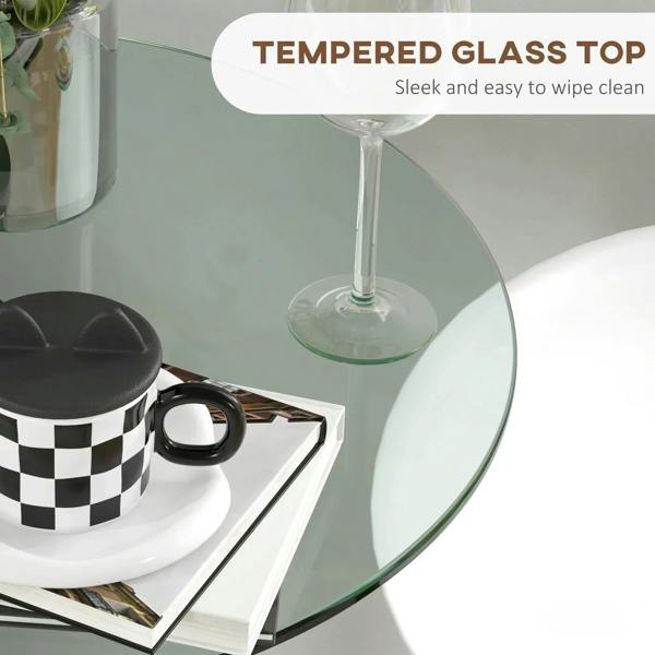 Clear tempered glass tabletop with steel pedestal base