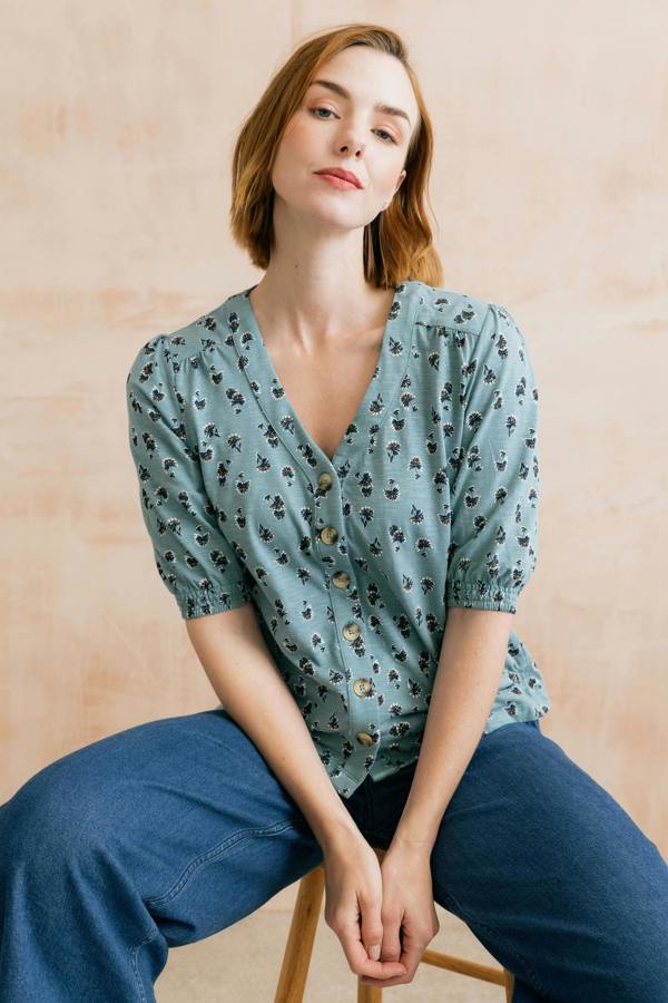 Meadow Blossom Organic Cotton Jersey Blouse Ocean