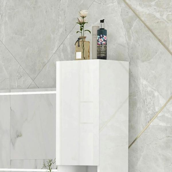 White high-gloss freestanding bathroom cabinet door with tall upper compartment