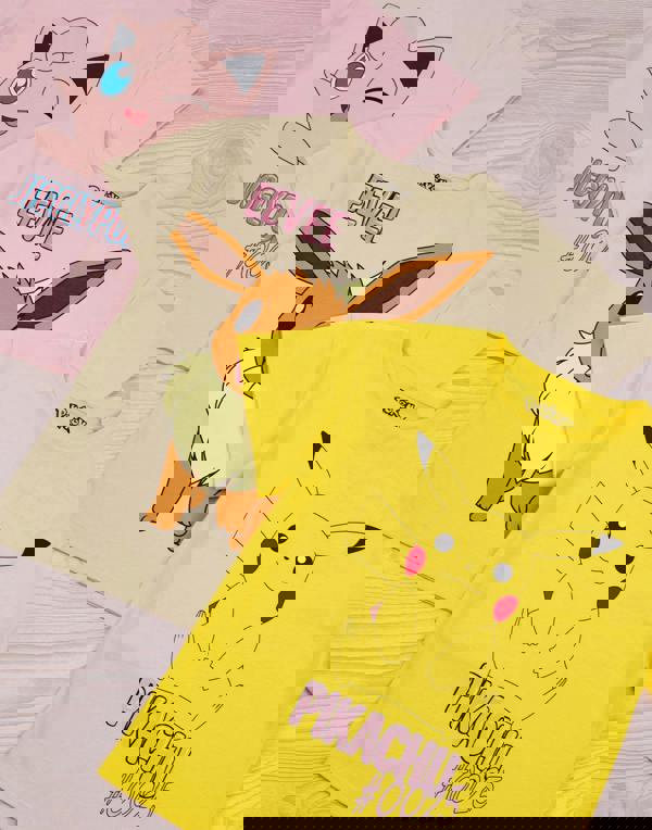 Pokemon Girls Multicoloured Pikachu, Eevee & Jigglypuff Multi-Pack of 3 Short-Sleeved T-Shirts